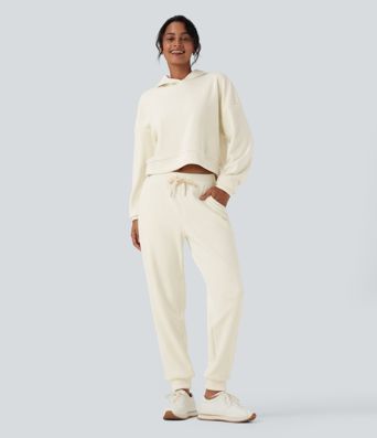 Ribbed Knit Mid Rise Drawstring Tapered Fleece Casual Joggers with Pockets