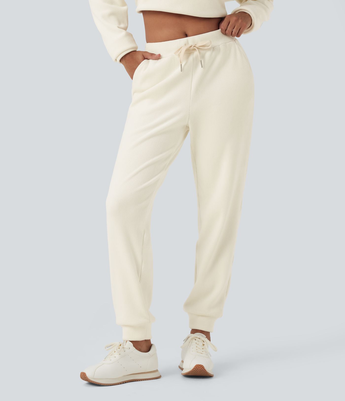 Ribbed Knit Mid Rise Drawstring Tapered Fleece Casual Joggers with Pockets