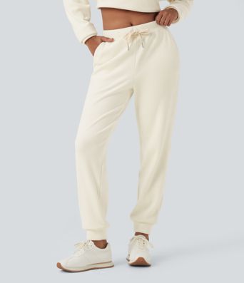 Ribbed Knit Mid Rise Drawstring Tapered Fleece Casual Joggers with Pockets