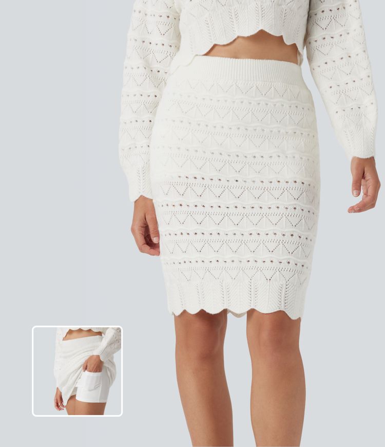High Waisted 2-in-1 Open Knit Knee Length Casual Sweater Skirt with Pockets