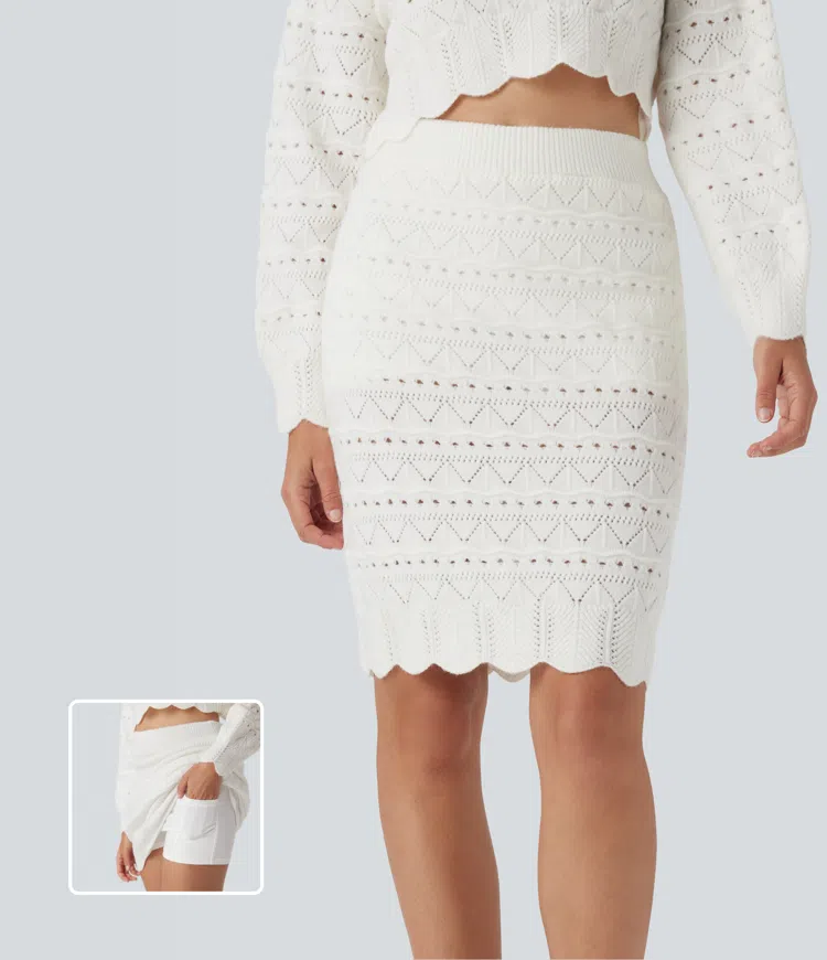 High Waisted 2-in-1 Open Knit Knee Length Casual Sweater Skirt with Pockets