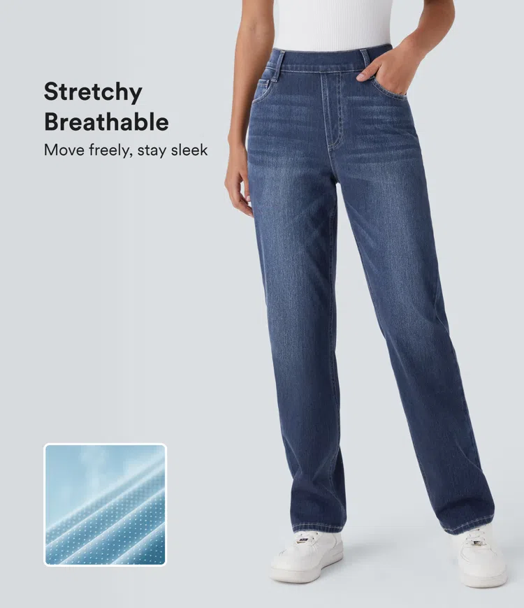  Halara Flex™ Gewaschene Slim Jeans aus elastischem Strick-Denim mit hohem Bund, mehreren Taschen und geradem Bein