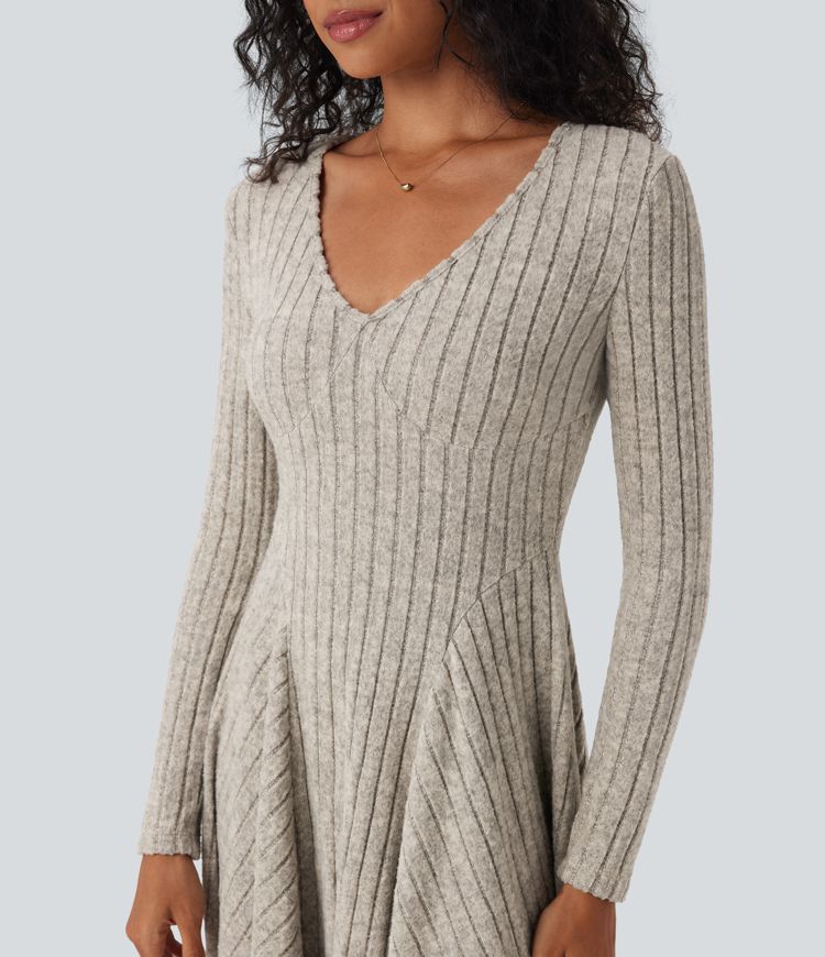 Ribbed Knit V Neck Long Sleeve Flare Mini Casual Dress