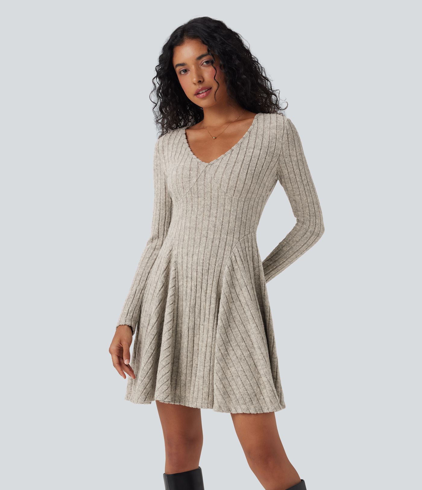 Ribbed Knit V Neck Long Sleeve Flare Mini Casual Dress