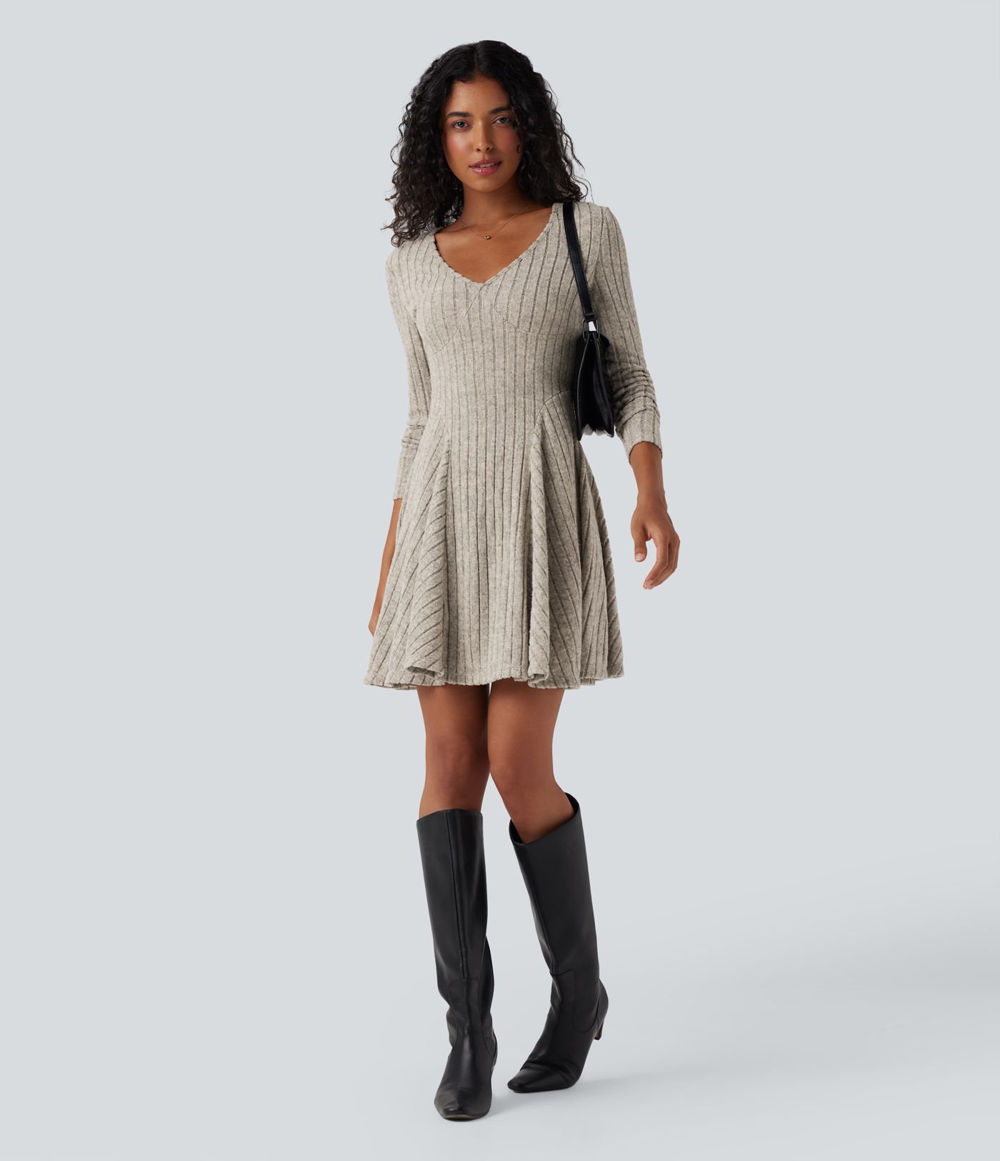 Ribbed Knit V Neck Long Sleeve Flare Mini Casual Dress