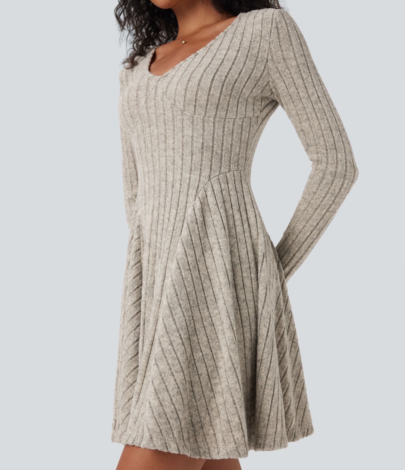 Ribbed Knit V Neck Long Sleeve Flare Mini Casual Dress