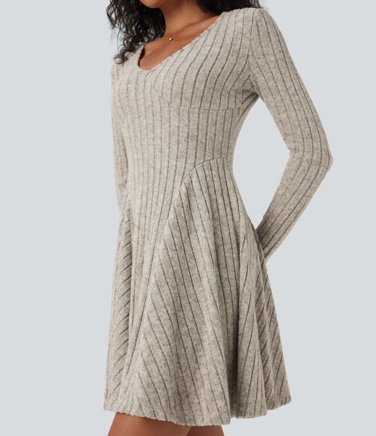 Ribbed Knit V Neck Long Sleeve Flare Mini Casual Dress