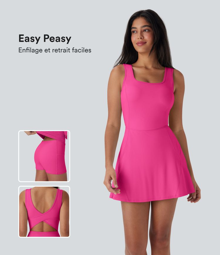 Softlyzero™ Airy Robe active mini de danse 2-en-1 dos nu, encolure en U, bretelles croisées, poches latérales et toucher frais - Facile à enfiler