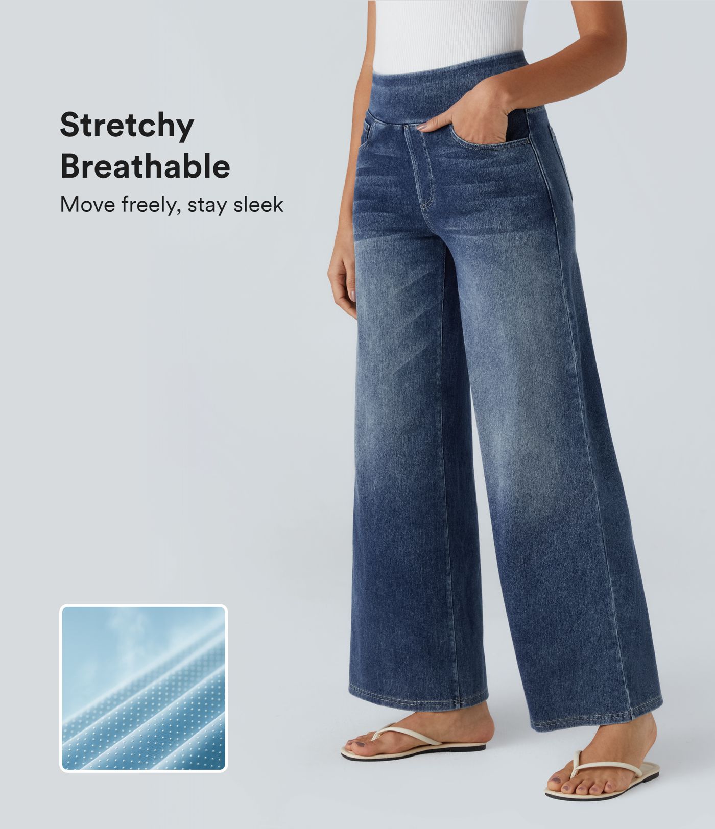 Halara Flex™ Baggy Jeans aus verwaschenem Stretch-Strick mit hohem Bund, mehreren Taschen und weitem Bein, Wide Leg Jeans