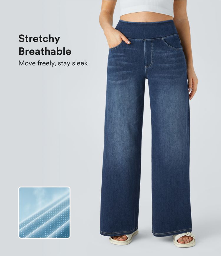 Halara Flex™ Baggy Jeans aus verwaschenem Stretch-Strick mit hohem Bund, mehreren Taschen und weitem Bein, Wide Leg Jeans