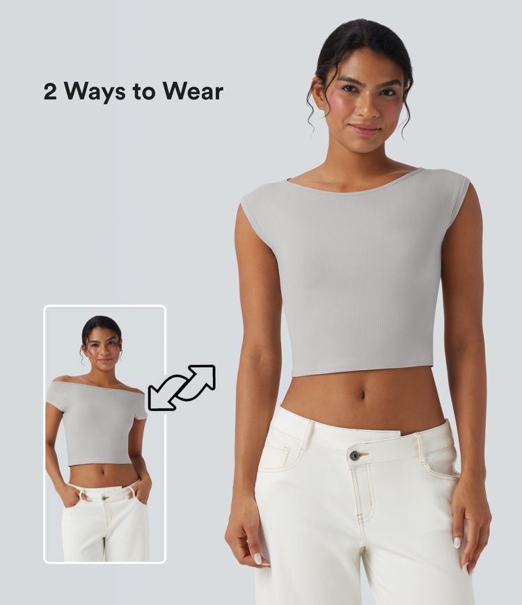 Ribbed Knit Boat Neck Short Sleeve Cropped Casual Top