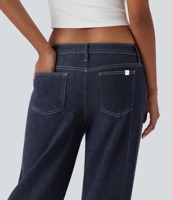 Halara Flex™ Low Rise Contrast Plaid Rolled Hem Wide Leg Casual Jeans with Pockets