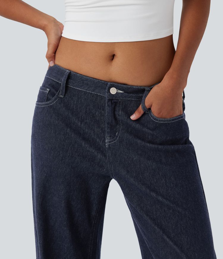 Halara Flex™ Low Rise Contrast Plaid Rolled Hem Wide Leg Casual Jeans with Pockets