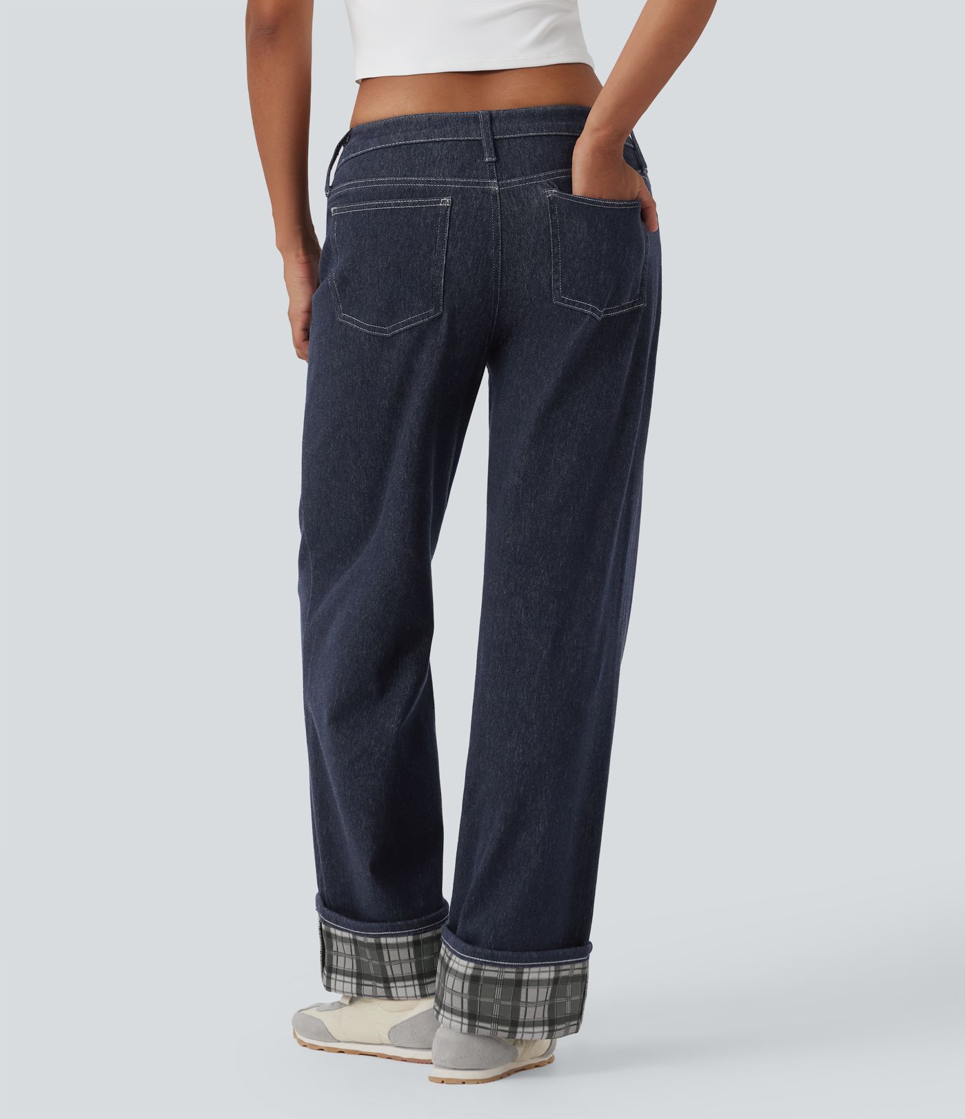 Halara Flex™ Low Rise Contrast Plaid Rolled Hem Wide Leg Casual Jeans with Pockets