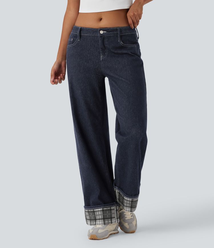 Halara Flex™ Low Rise Contrast Plaid Rolled Hem Wide Leg Casual Jeans with Pockets