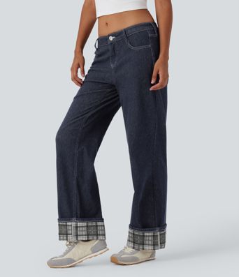 Halara Flex™ Low Rise Contrast Plaid Rolled Hem Wide Leg Casual Jeans with Pockets