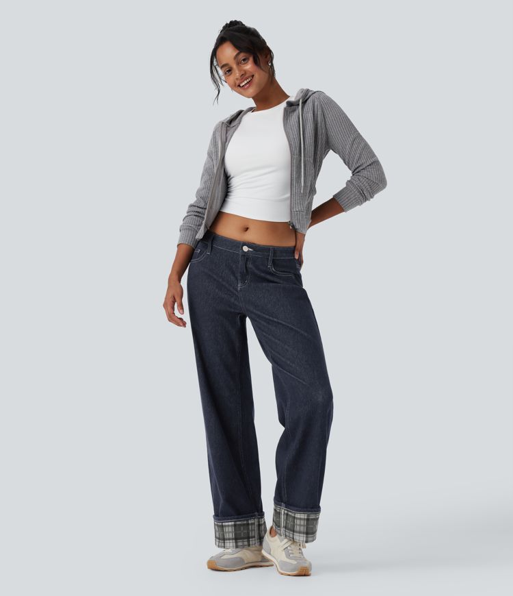 Halara Flex™ Low Rise Contrast Plaid Rolled Hem Wide Leg Casual Jeans with Pockets