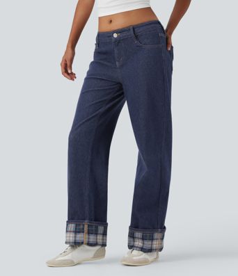 Jean Halara Flex™ décontracté avec ourlets bas, carreaux contrastants, ourlet roulé et jambes larges avec poches