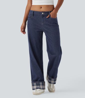 Jean Halara Flex™ décontracté avec ourlets bas, carreaux contrastants, ourlet roulé et jambes larges avec poches