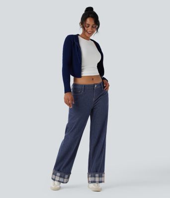 Jean Halara Flex™ décontracté avec ourlets bas, carreaux contrastants, ourlet roulé et jambes larges avec poches