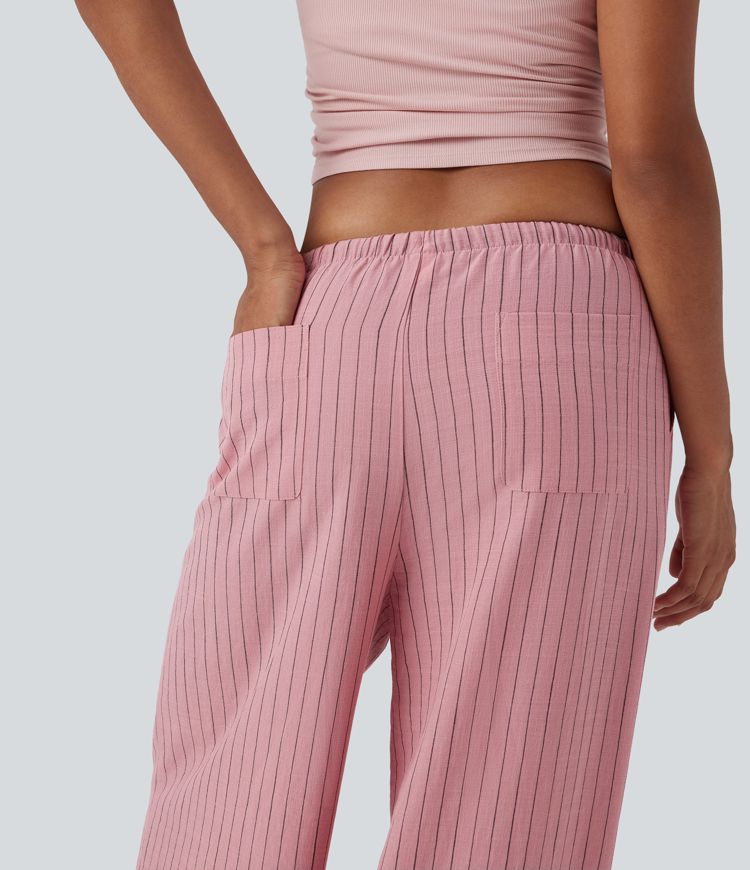 Mid Rise Drawstring Stripe Wide Leg Casual Linen-Feel Pants with Pockets