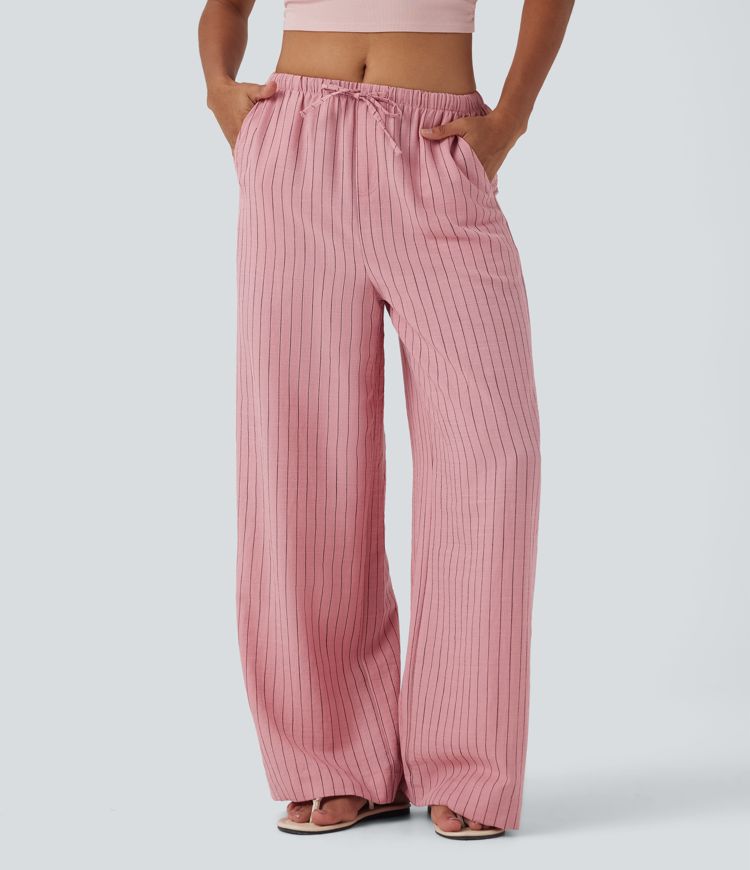 Mid Rise Drawstring Stripe Wide Leg Casual Linen-Feel Pants with Pockets