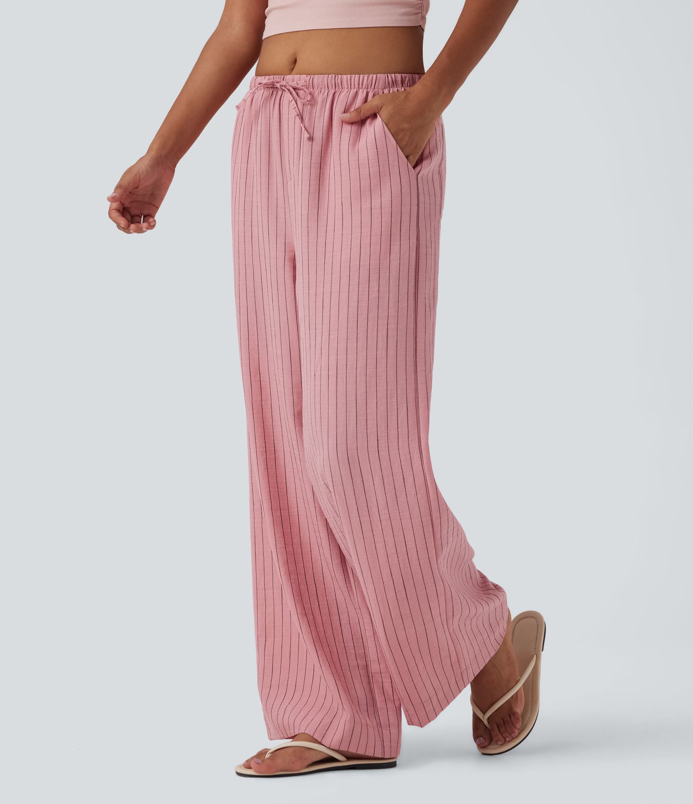 Mid Rise Drawstring Stripe Wide Leg Casual Linen-Feel Pants with Pockets