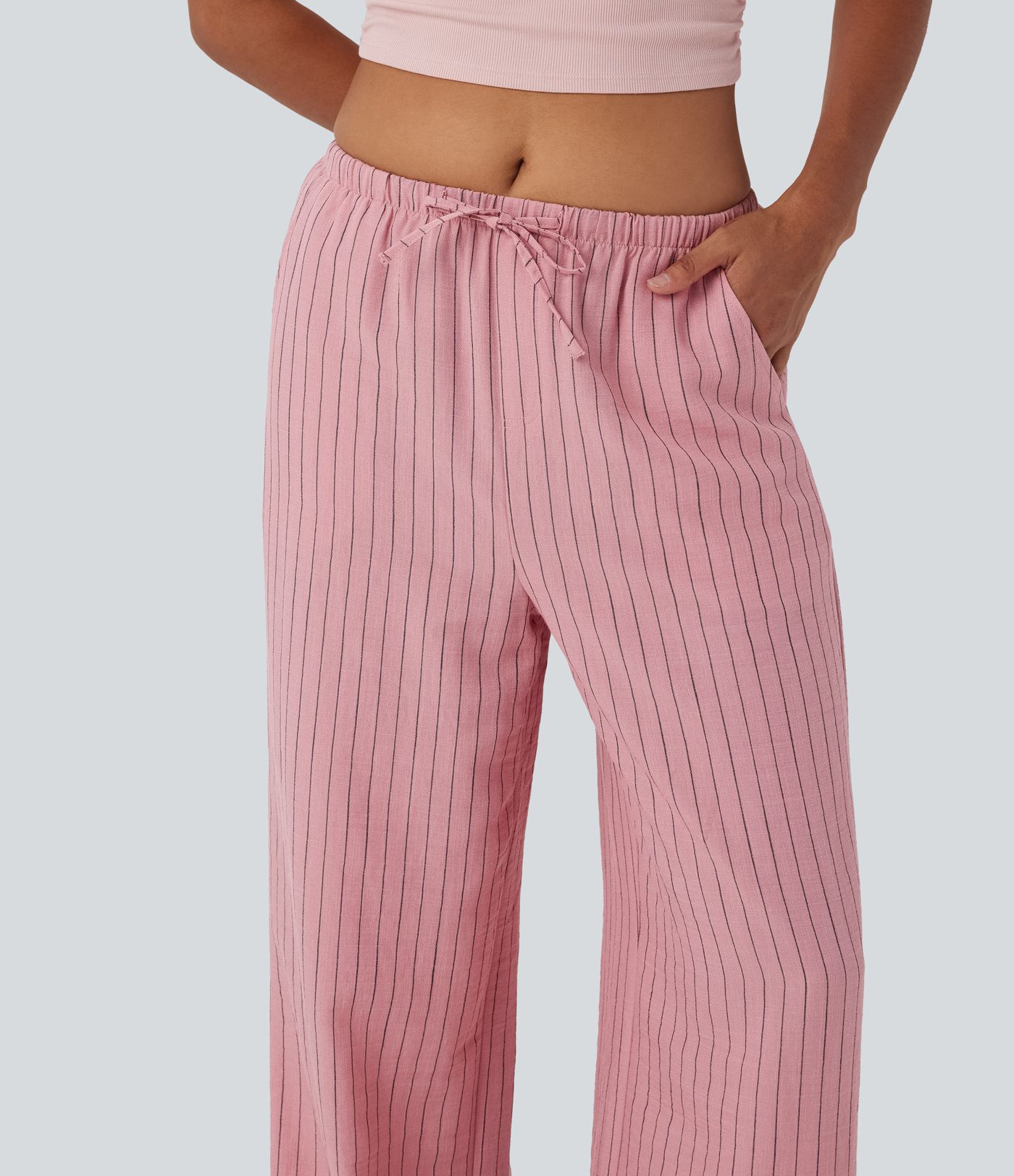 Mid Rise Drawstring Stripe Wide Leg Casual Linen-Feel Pants with Pockets