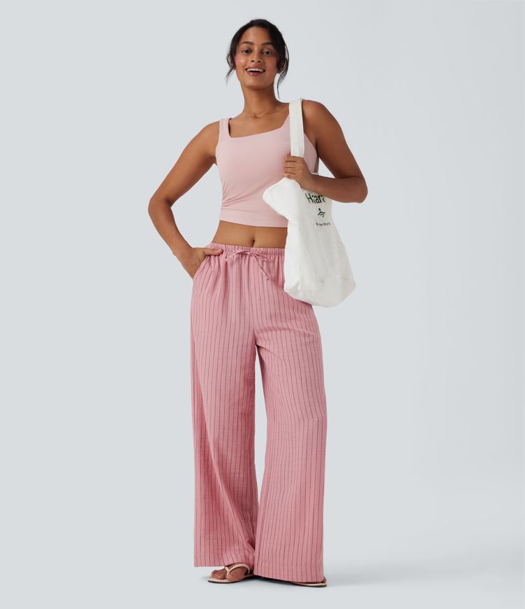 Mid Rise Drawstring Stripe Wide Leg Casual Linen-Feel Pants with Pockets