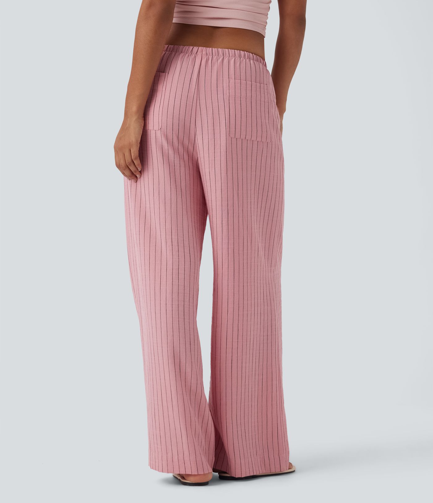 Mid Rise Drawstring Stripe Wide Leg Casual Linen-Feel Pants with Pockets
