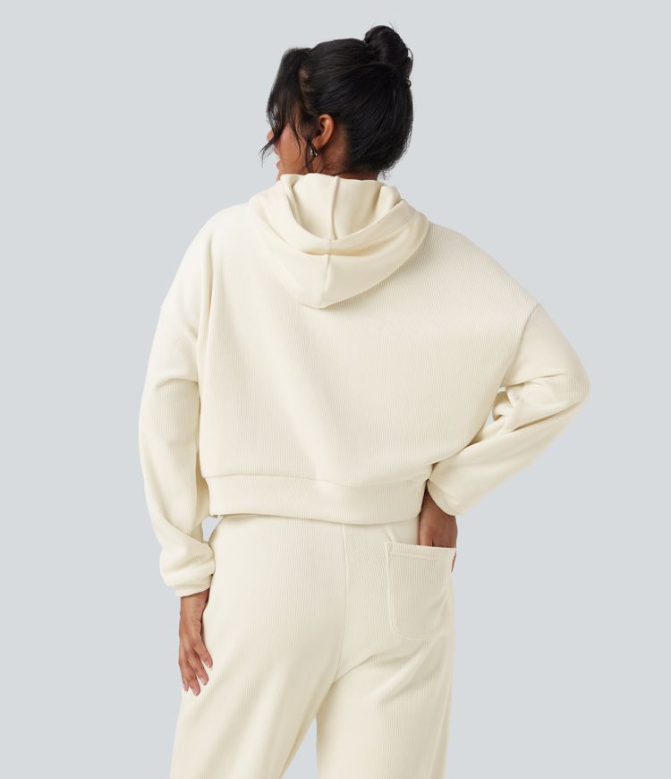 Ribbed Knit Hooded Long Sleeve Fleece Casual Sweatshirt