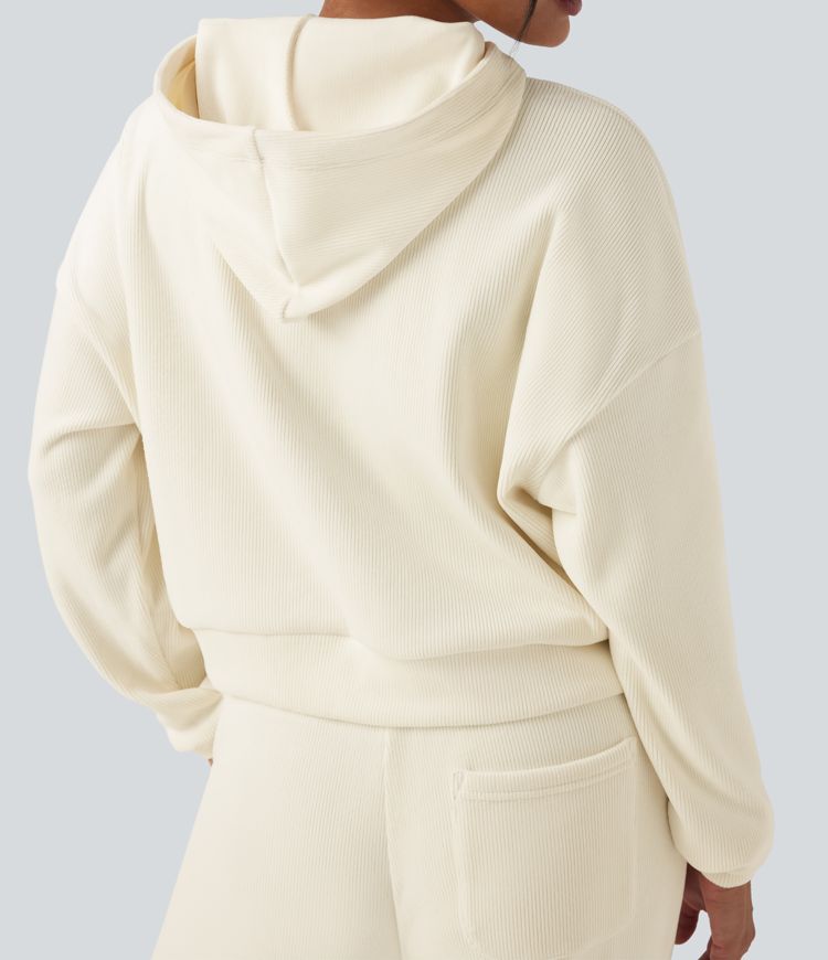 Ribbed Knit Hooded Long Sleeve Fleece Casual Sweatshirt