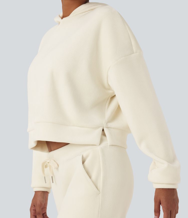 Ribbed Knit Hooded Long Sleeve Fleece Casual Sweatshirt