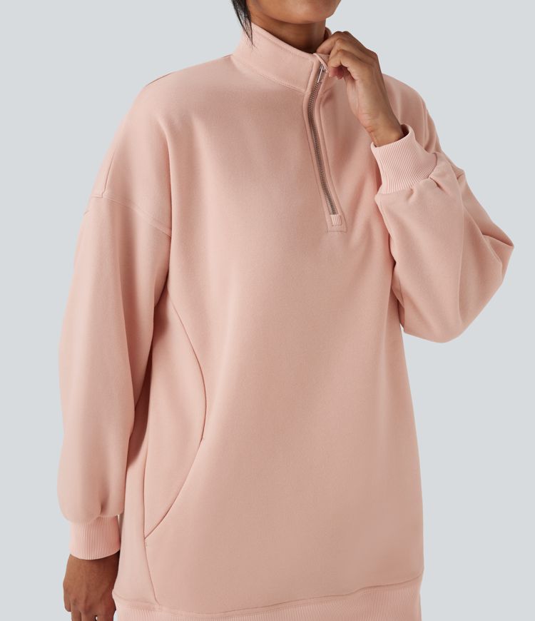 Stand Collar Half Zip Oversize Fleece Casual Sweatshirt with Pockets