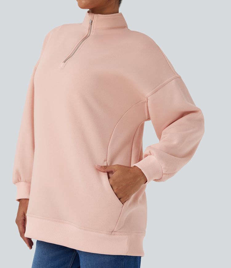 Stand Collar Half Zip Oversize Fleece Casual Sweatshirt with Pockets