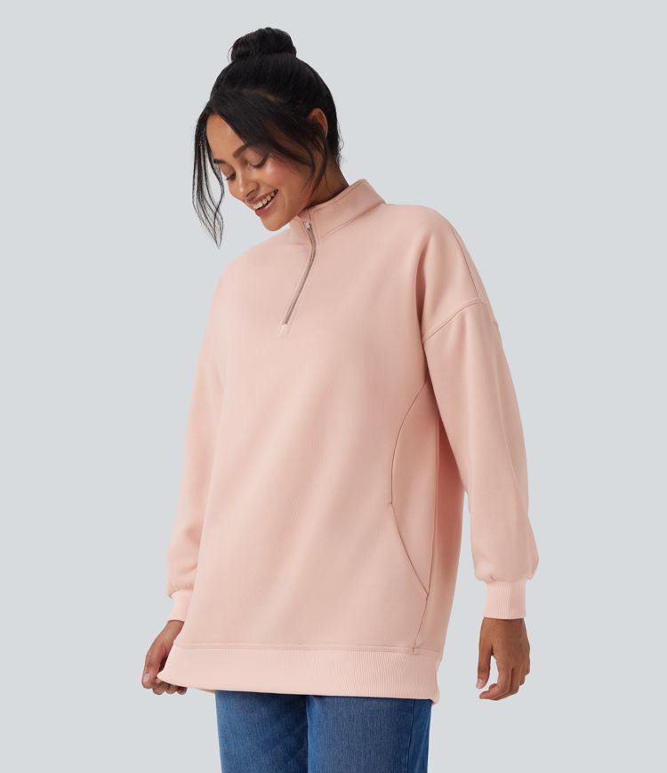 Stand Collar Half Zip Oversize Fleece Casual Sweatshirt with Pockets