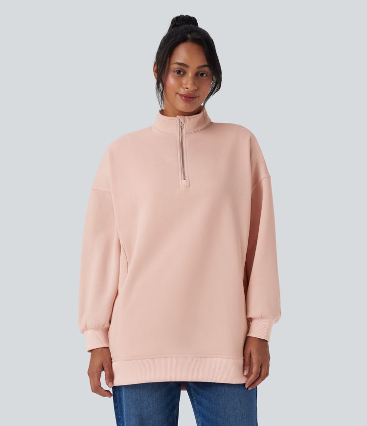 Stand Collar Half Zip Oversize Fleece Casual Sweatshirt with Pockets
