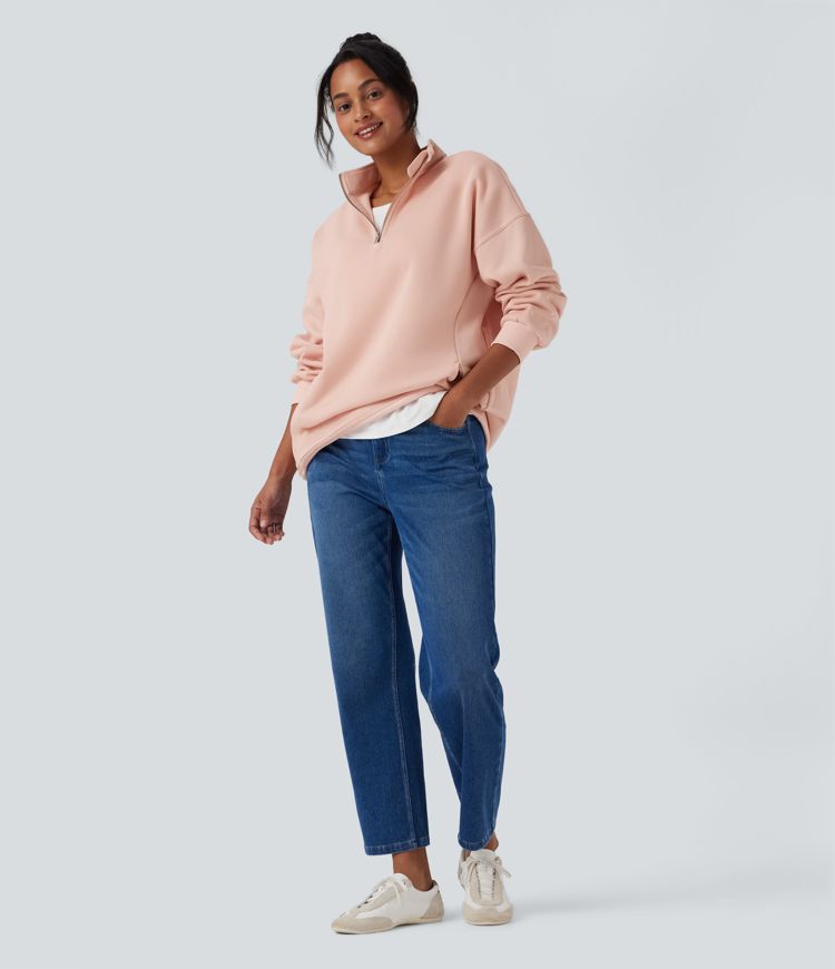 Stand Collar Half Zip Oversize Fleece Casual Sweatshirt with Pockets