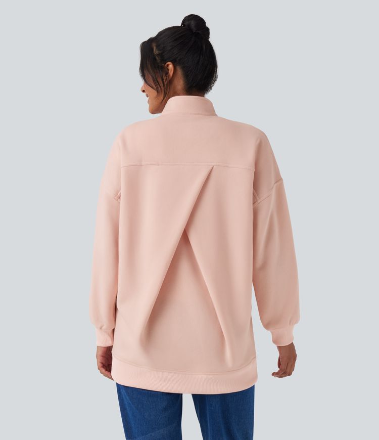 Stand Collar Half Zip Oversize Fleece Casual Sweatshirt with Pockets