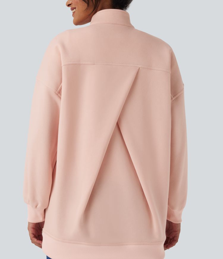 Stand Collar Half Zip Oversize Fleece Casual Sweatshirt with Pockets