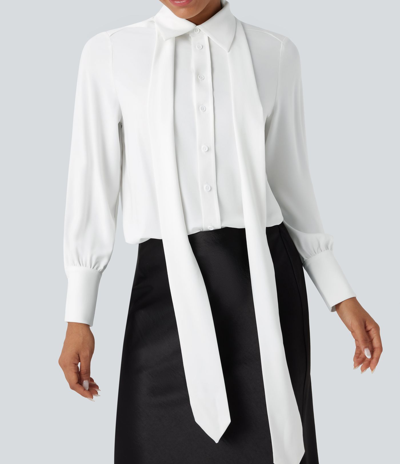 Wrinkle-resistant Tie Neck Long Sleeve Casual Chiffon Shirt