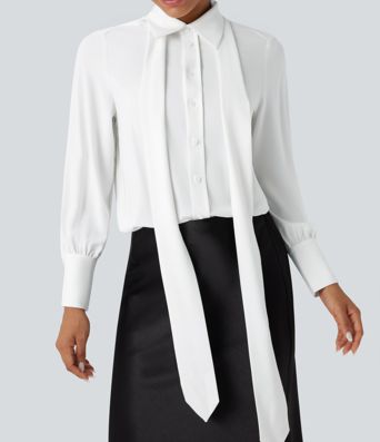 Wrinkle-resistant Tie Neck Long Sleeve Casual Chiffon Shirt