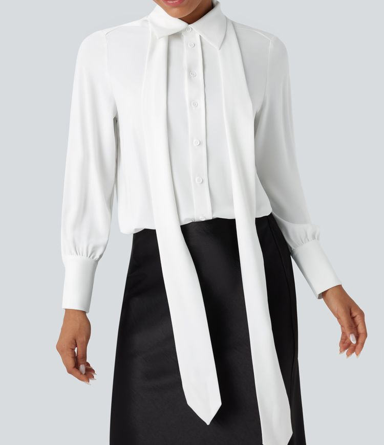 Wrinkle-resistant Tie Neck Long Sleeve Casual Chiffon Shirt