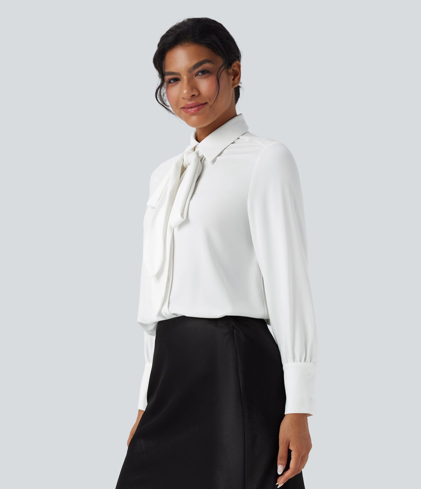 Wrinkle-resistant Tie Neck Long Sleeve Casual Chiffon Shirt