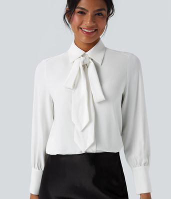 Wrinkle-resistant Tie Neck Long Sleeve Casual Chiffon Shirt