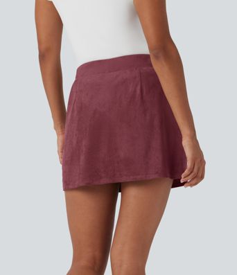 High Waisted 2-in-1 A-line Mini Suede Casual Skirt with Pockets
