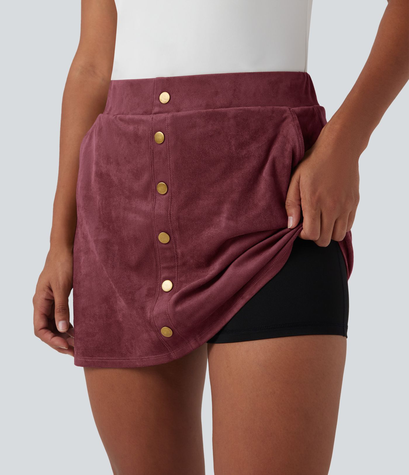 High Waisted 2-in-1 A-line Mini Suede Casual Skirt with Pockets
