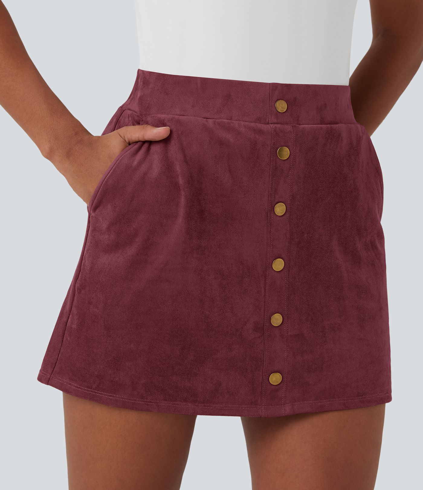 High Waisted 2-in-1 A-line Mini Suede Casual Skirt with Pockets