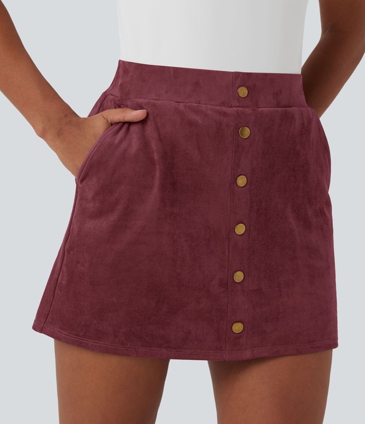 High Waisted 2-in-1 A-line Mini Suede Casual Skirt with Pockets