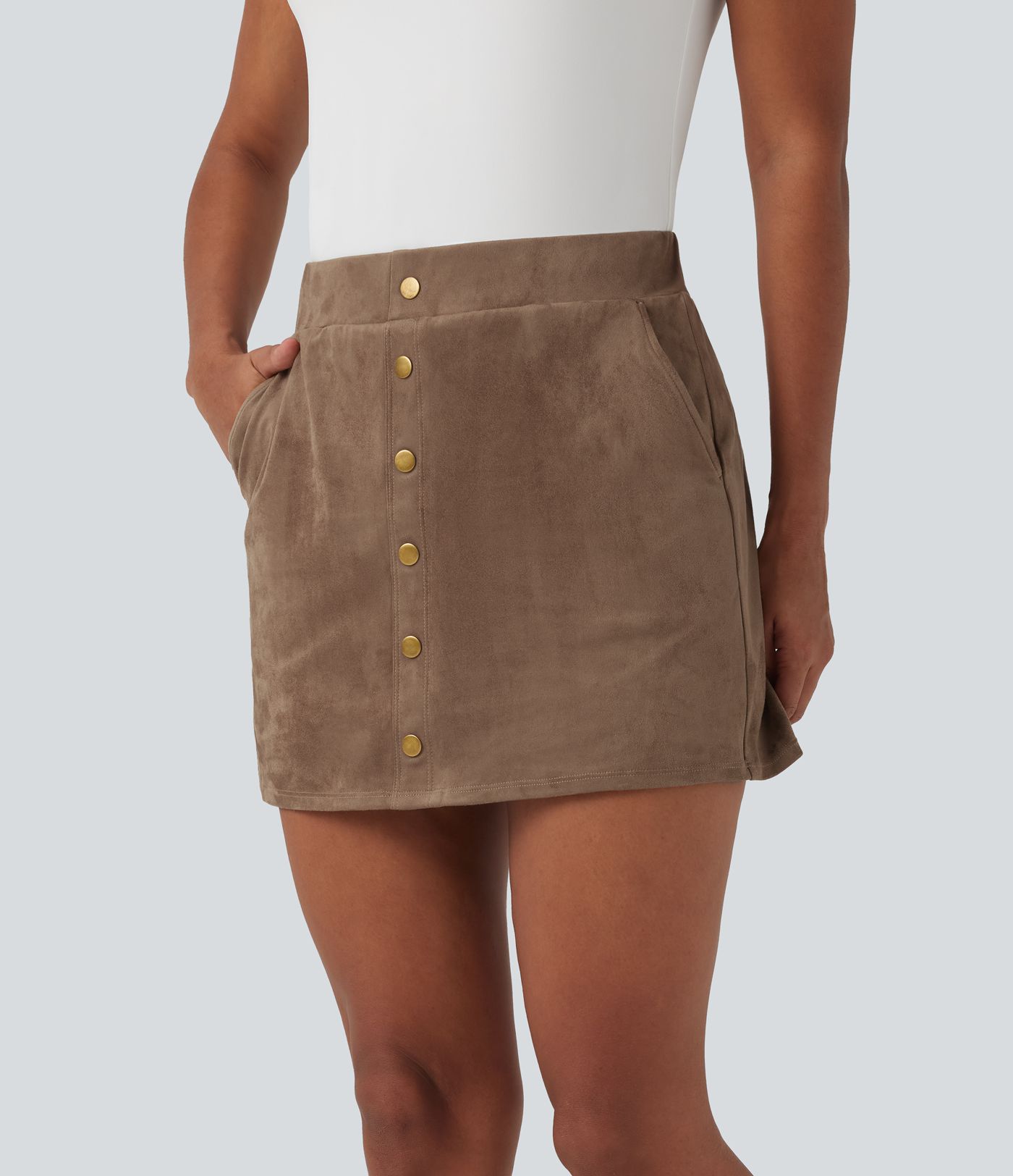 High Waisted 2-in-1 A-line Mini Suede Casual Skirt with Pockets